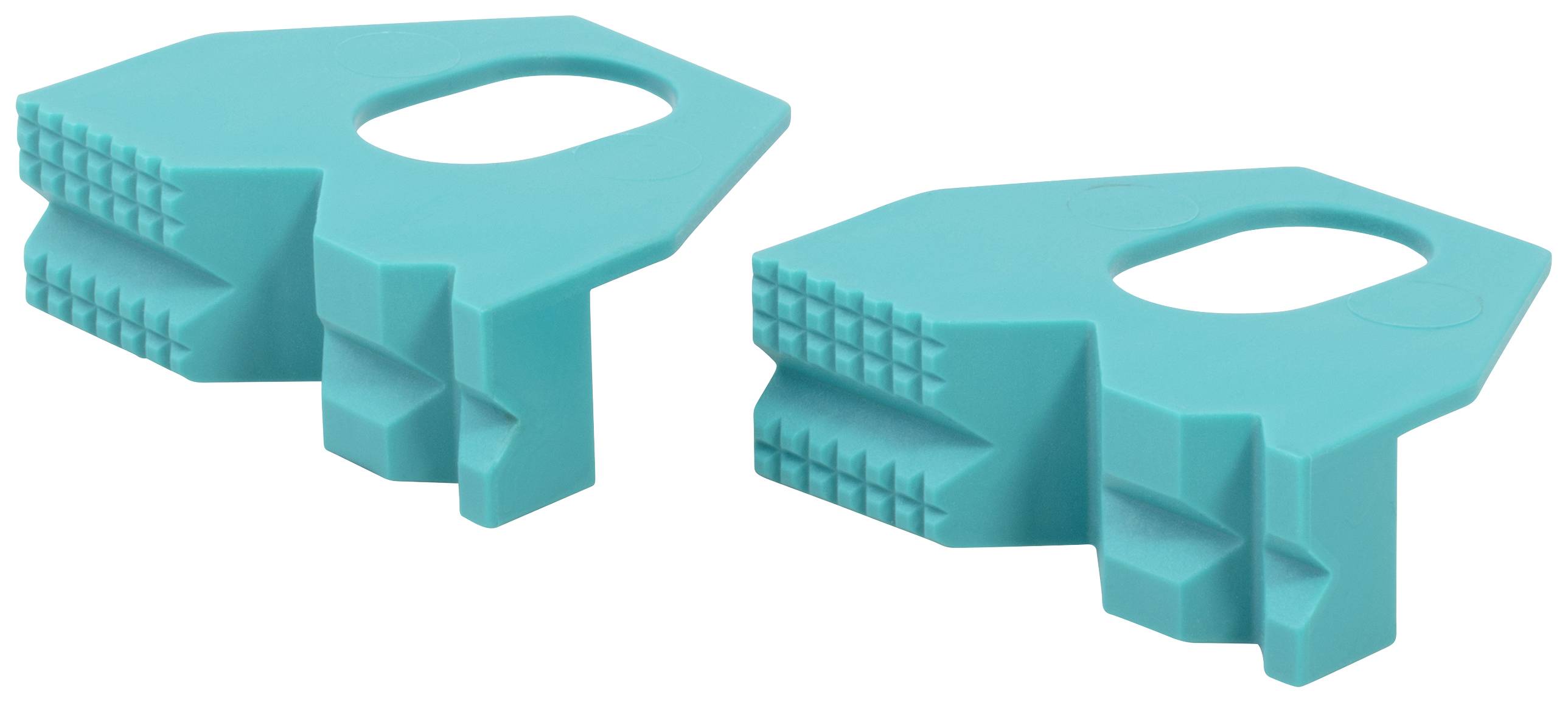 Deux pièces en plastique bleu avec des ouvertures rectangulaires et des bords dentelés, probablement conçues comme des éléments de construction ou de fixation.