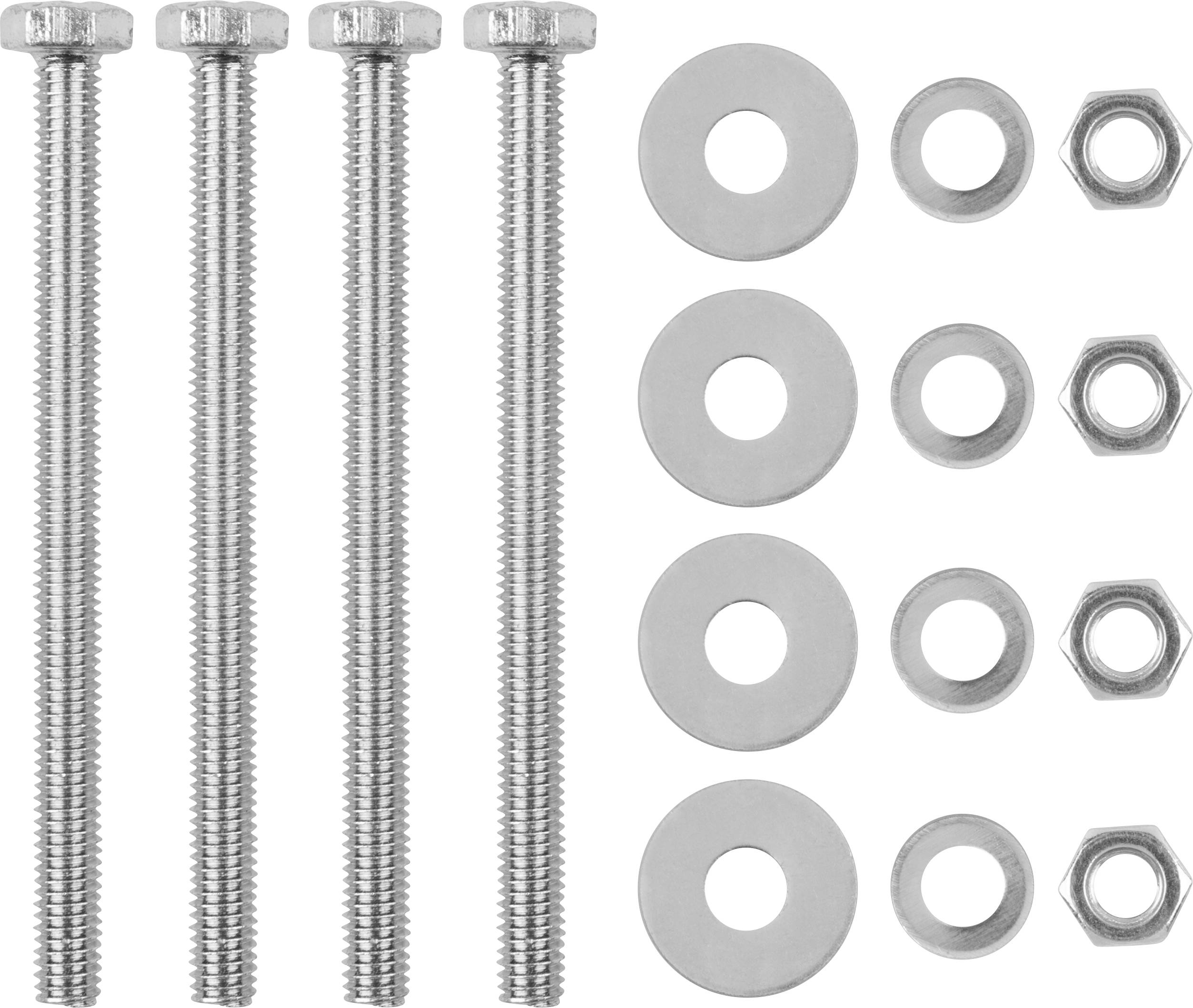 Quatre vis, quatre rondelles et quatre écrous en métal, disposés en trois rangées verticales.