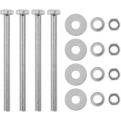 Quatre vis, quatre rondelles et quatre écrous en métal, disposés en trois rangées verticales.