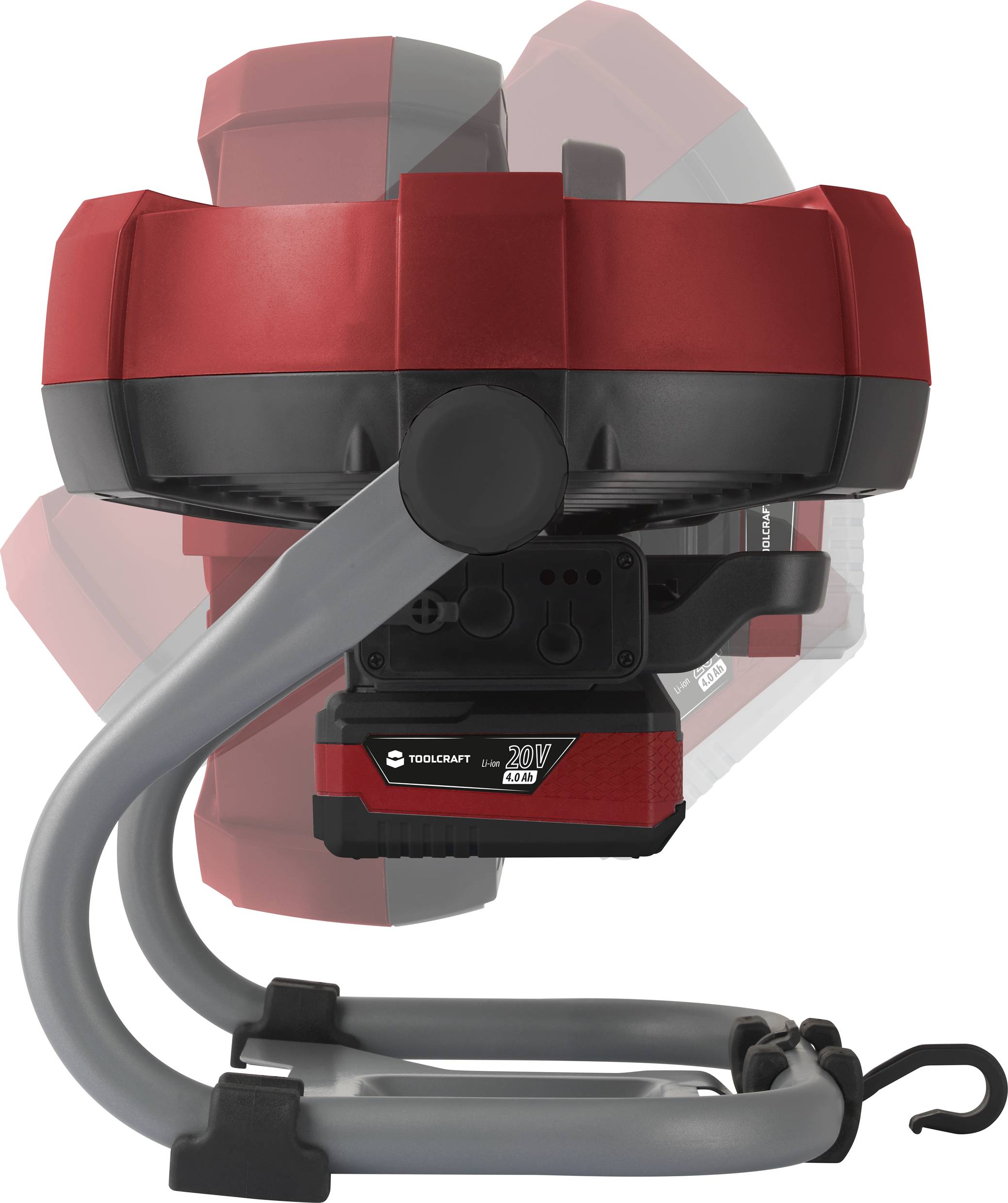 Un ventilateur portable rouge avec mécanisme d'oscillation monté sur un socle gris, adapté pour un environnement d'atelier.