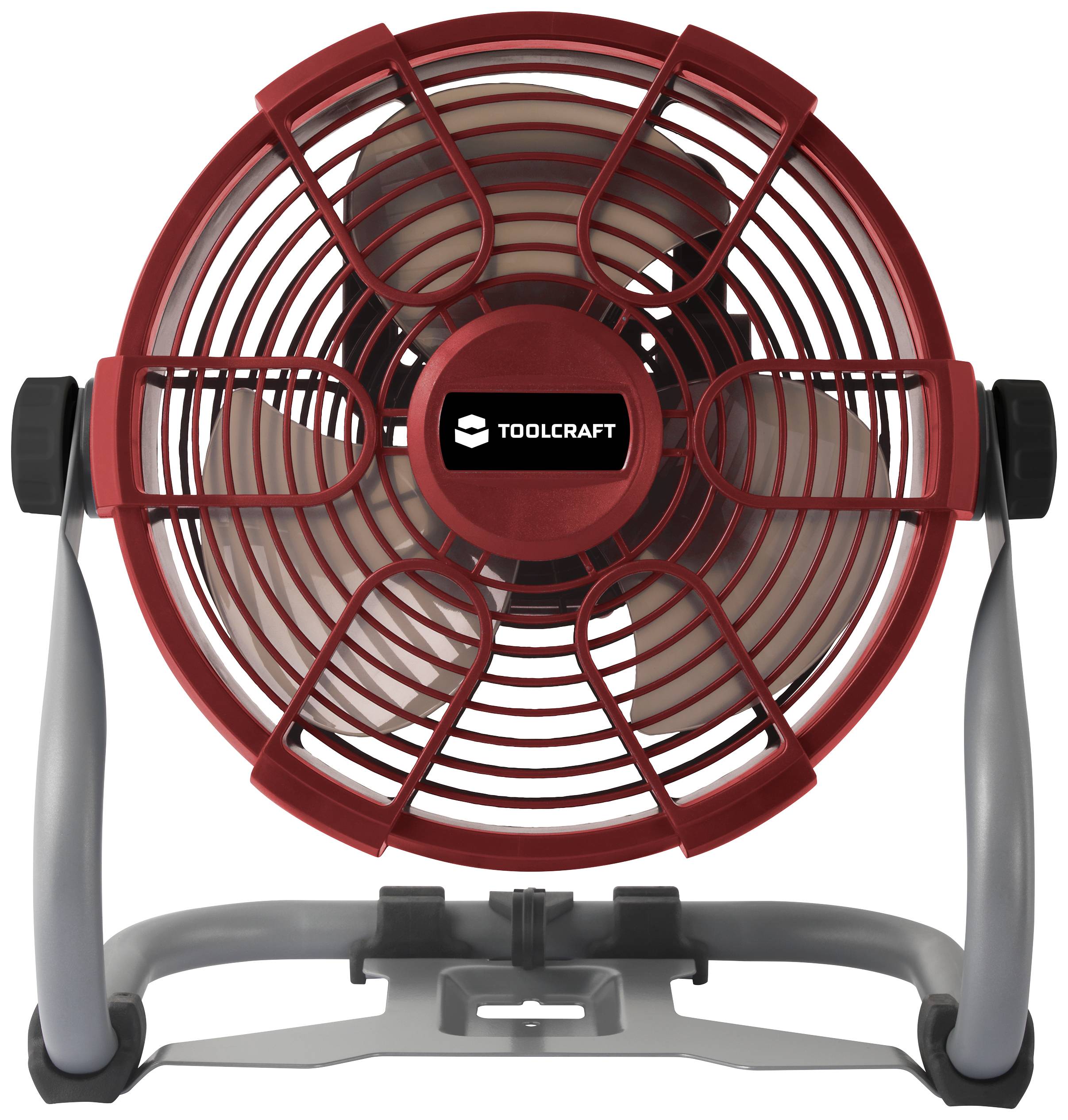 Un ventilateur de table rouge de la marque Toolcraft avec un logo noir au centre. Le ventilateur présente un design moderne.