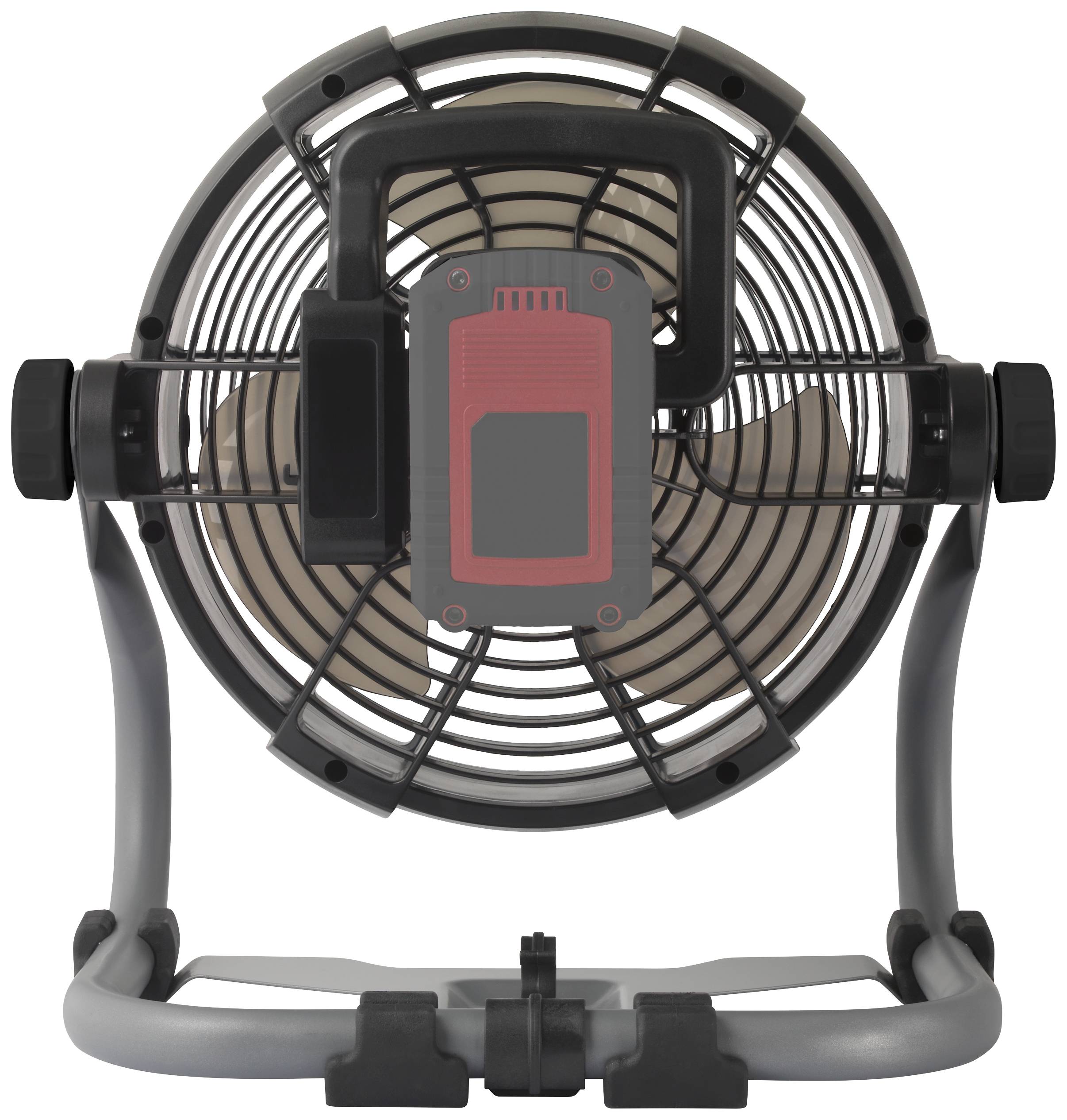 Un ventilateur portable avec une grille noire et un socle gris, vu de face. Adapté pour une utilisation dans des ateliers ou sur des chantiers.