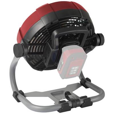 Ventilateur en noir et rouge avec support réglable et poignée de transport ; adapté pour une utilisation dans les ateliers ou sur les chantiers.