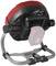 Ventilateur en noir et rouge avec support réglable et poignée de transport ; adapté pour une utilisation dans les ateliers ou sur les chantiers.