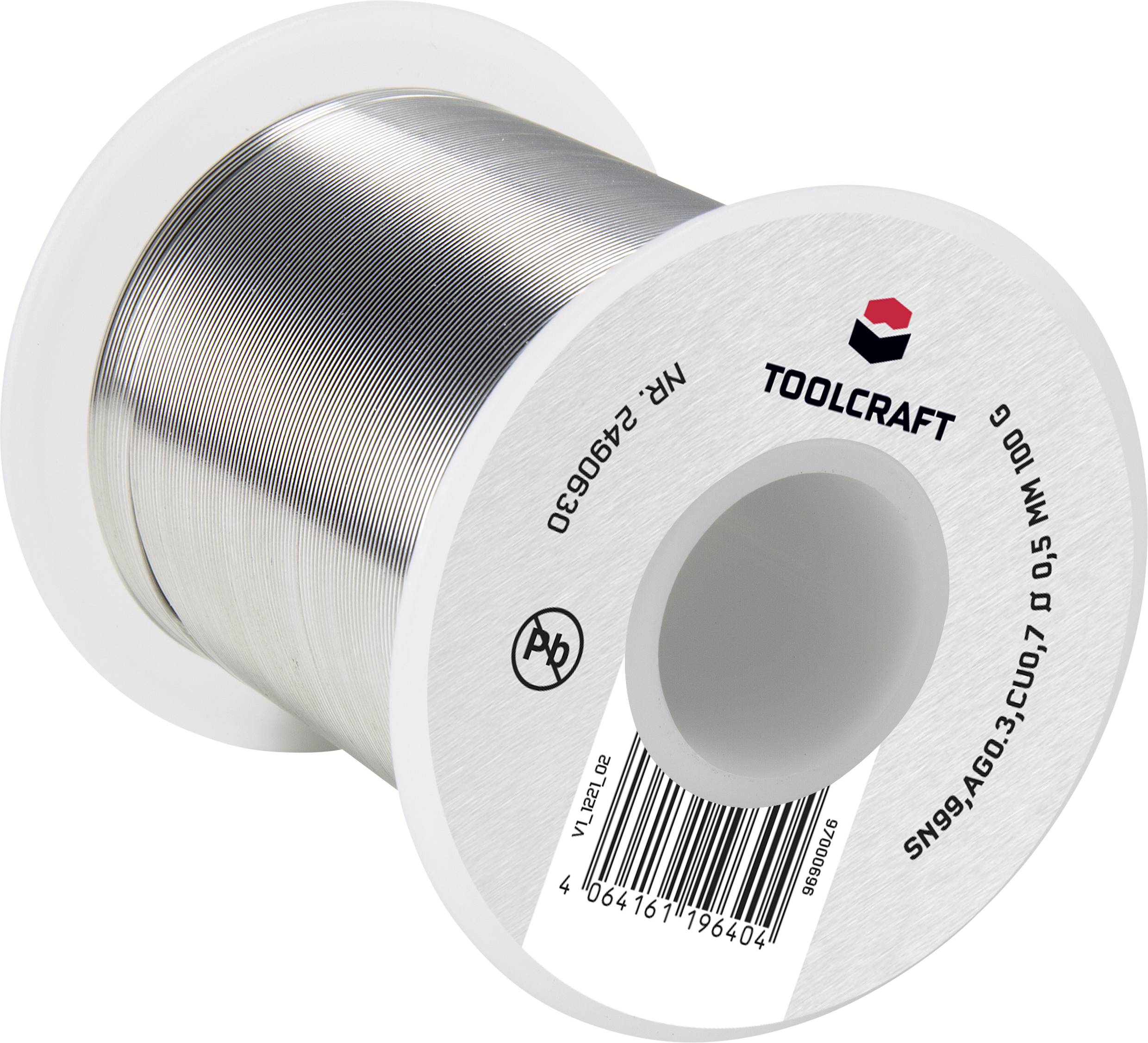 Un rouleau d'étain à souder de Toolcraft, de 100 g, montre son dos avec un code-barres et des informations sur le produit.