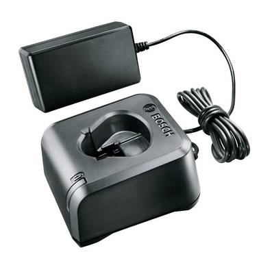 Chargeur Bosch noir avec adaptateur secteur et câble pour batteries.