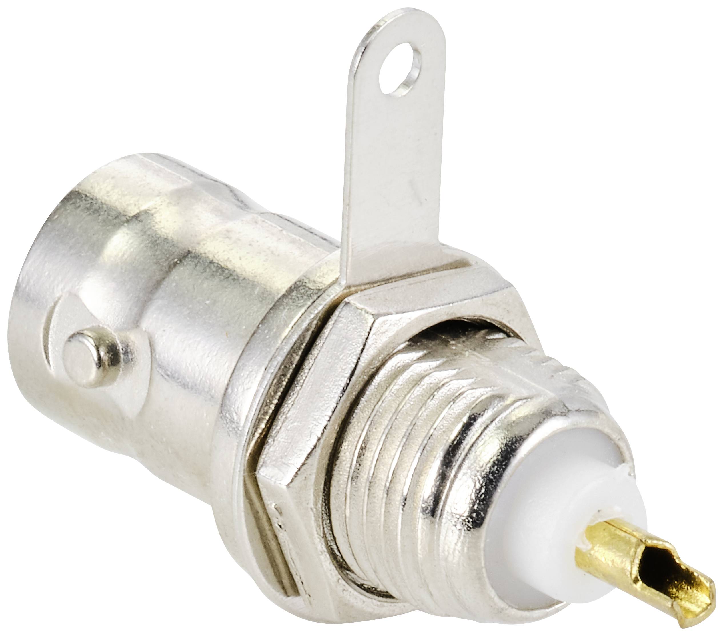 Une fiche métallique, probablement un connecteur coaxial RF, montre son filetage et sa broche de contact centrale. Convient pour les connexions d'antenne.