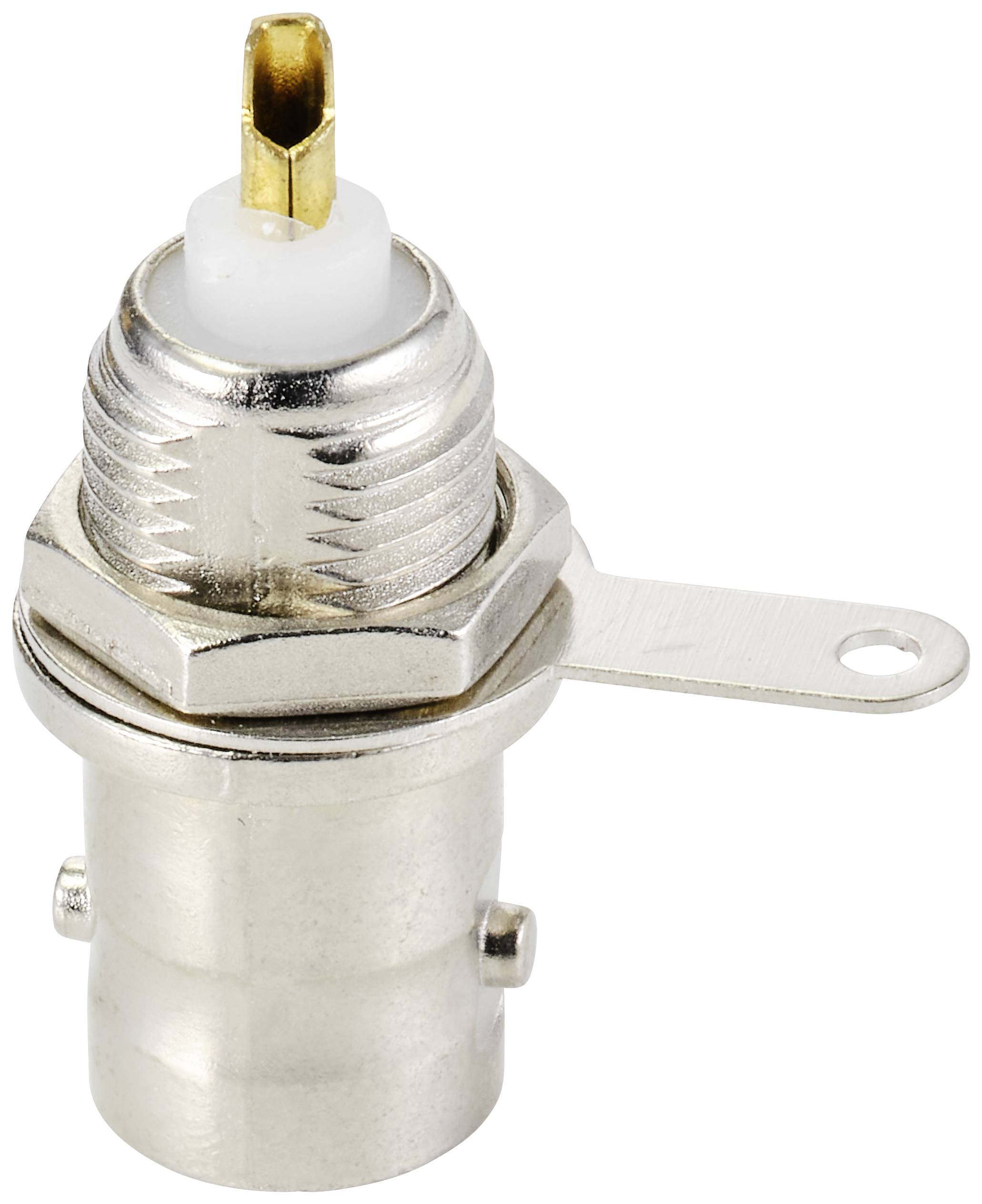 'Connecteur PCB avec broche dorée, boîtier métallique et languette de fixation, adapté aux connexions électroniques'