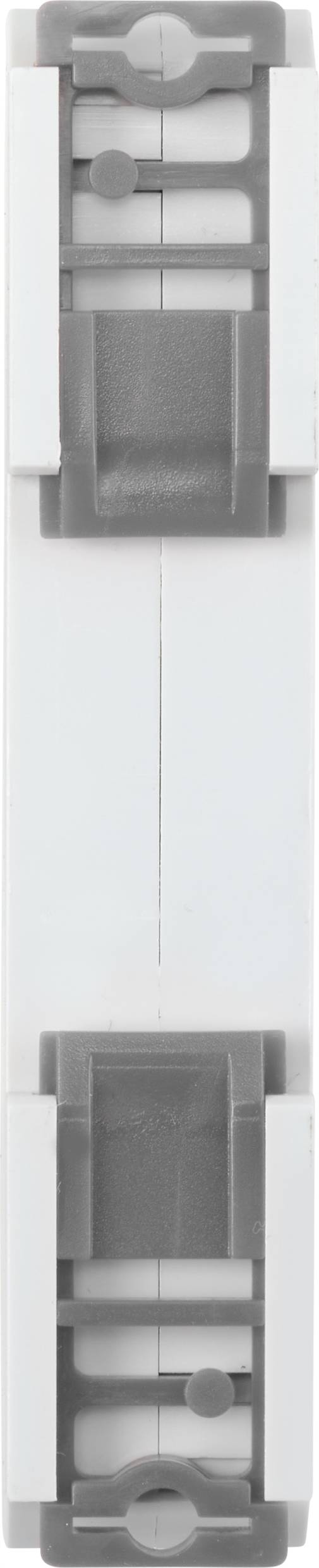 Un élément en plastique blanc et gris, disposé verticalement, avec des parties mobiles, probablement un connecteur ou un support.