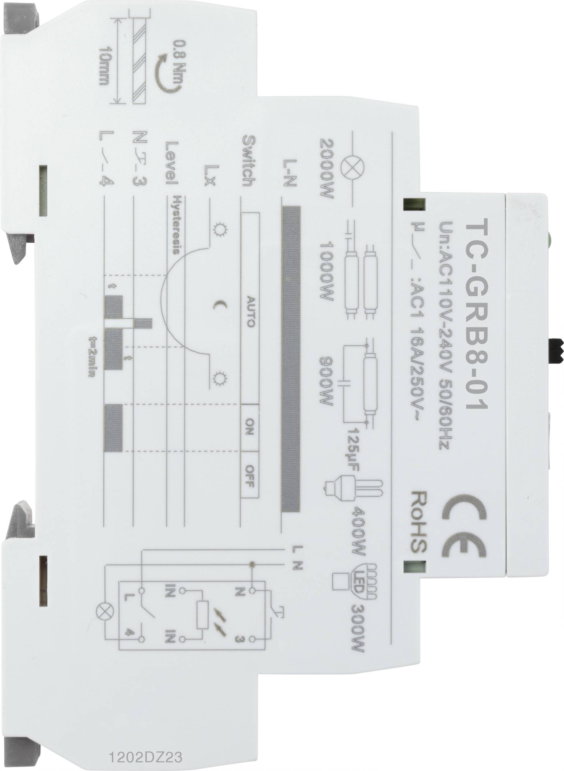 'TC-GRB-01' Relais avec schéma de câblage et spécifications techniques. Étiquettes pour tension, intensité et fonction.