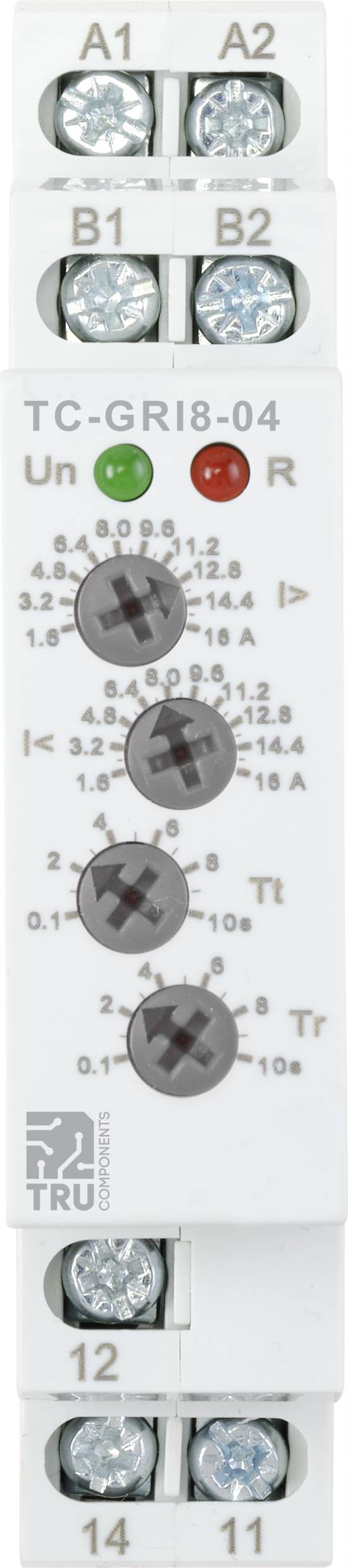 Image d'un commutateur industriel avec des options de réglage et des voyants LED pour 'Un' et 'R'. Bornes à vis sur la partie supérieure et inférieure.