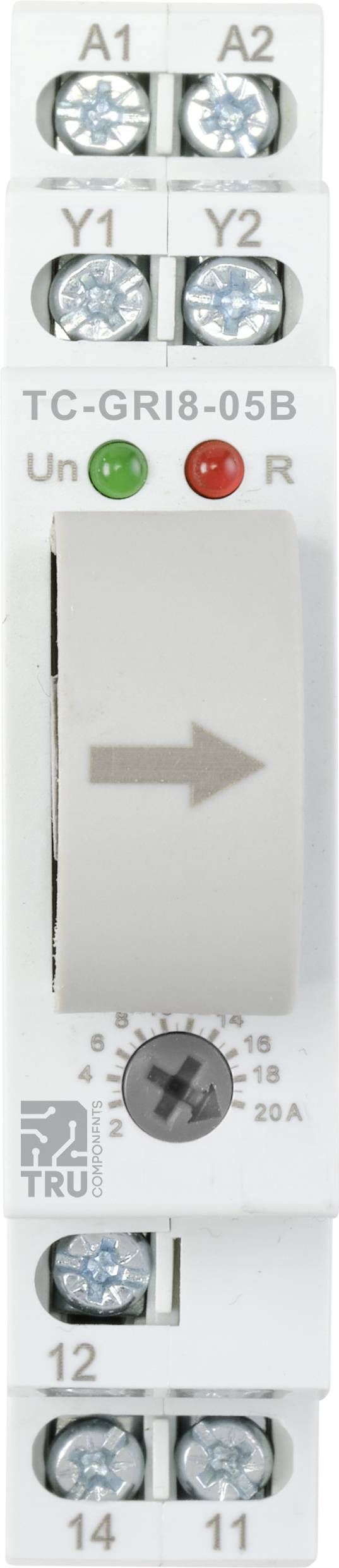 Un module de relais électrique avec des bornes en haut et en bas. Deux voyants indiquent les états de fonctionnement 'Un' (vert) et 'R' (rouge).