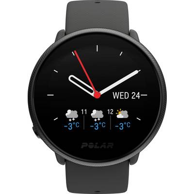Une montre connectée noire affiche l'heure 10:10, la date mercredi 24, et une prévision météorologique avec des températures comprises entre -3°C et 3°C.