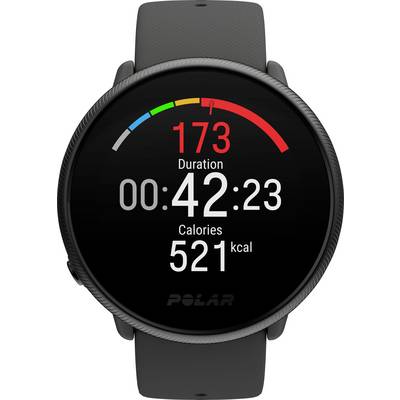 Montre connectée avec bracelet noir affichant un symbole rouge de fréquence cardiaque à 173 bpm, une durée d'entraînement de 42:23 minutes et une dépense calorique de 521 kcal.