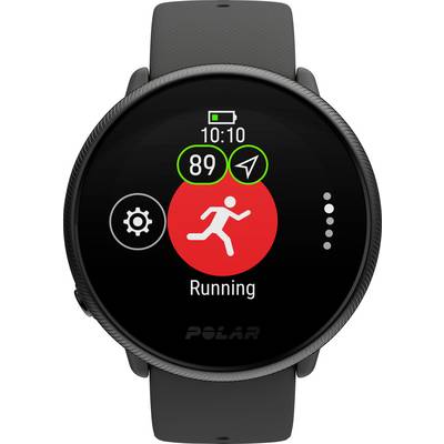 Montre connectée noire avec un symbole 'Running' rouge et une icône de flèche, affichant 89% de batterie et 10:10. Nom de la marque en bas.