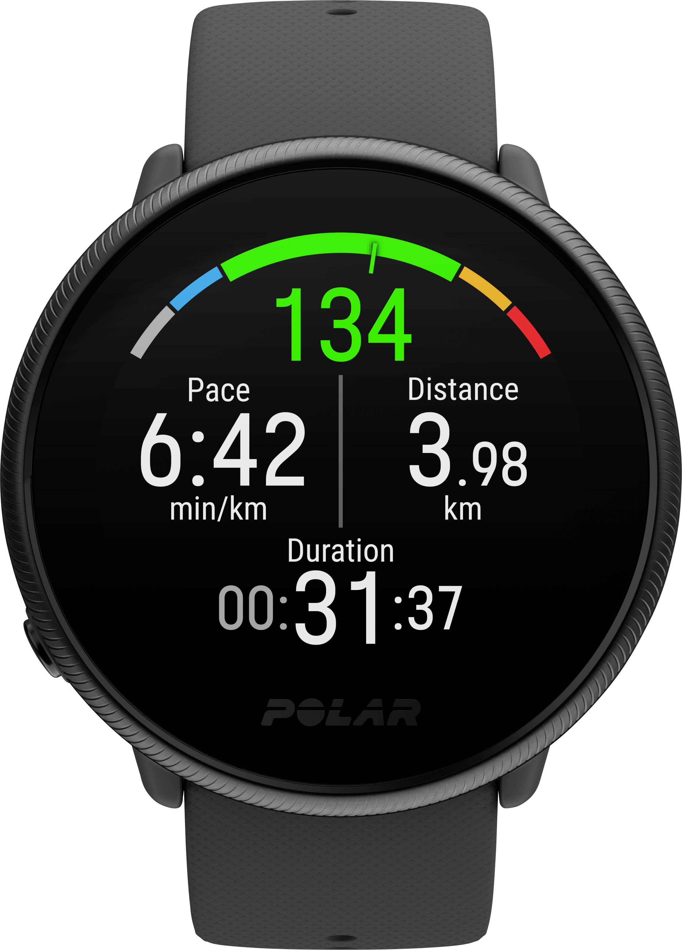 L'écran de la montre connectée affiche fréquence cardiaque 134, allure 6:42 min/km, distance 3,98 km, durée 00:31:37.