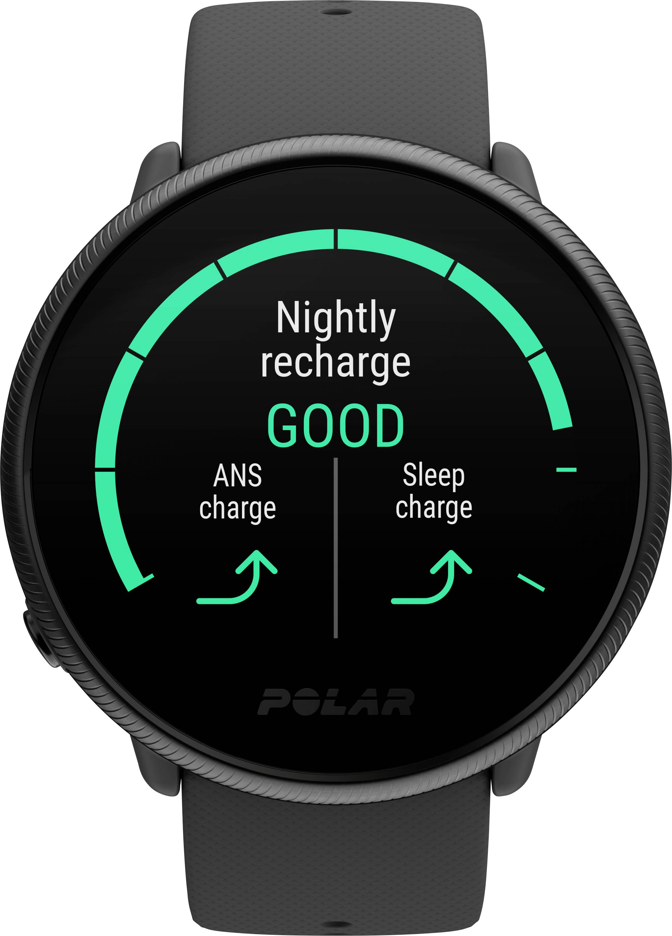 Montre intelligente noire affichant un demi-cercle vert avec le texte 'Recharge nocturne BONNE', en dessous 'Charge SNA' et 'Charge sommeil' avec des flèches.