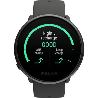 Montre intelligente noire affichant un demi-cercle vert avec le texte 'Recharge nocturne BONNE', en dessous 'Charge SNA' et 'Charge sommeil' avec des flèches.