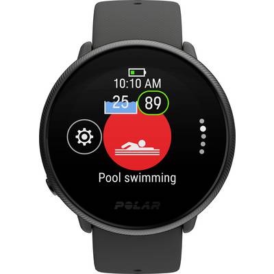 Montre connectée affichant 'Natation en piscine', date 25. Valeur clé 89. Symbole de l'unité de natation mis en évidence.