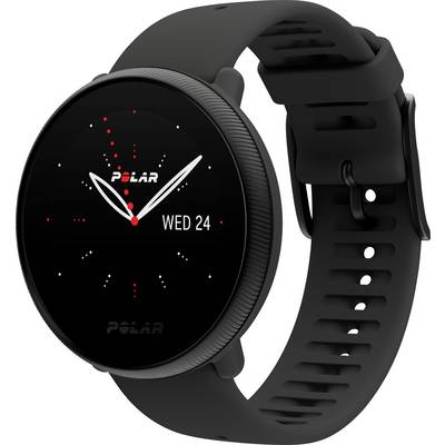 Montre intelligente noire avec cadran rond, affichant l'heure analogique et la date 'Mer 24', avec des accents rouges sur le cadran.