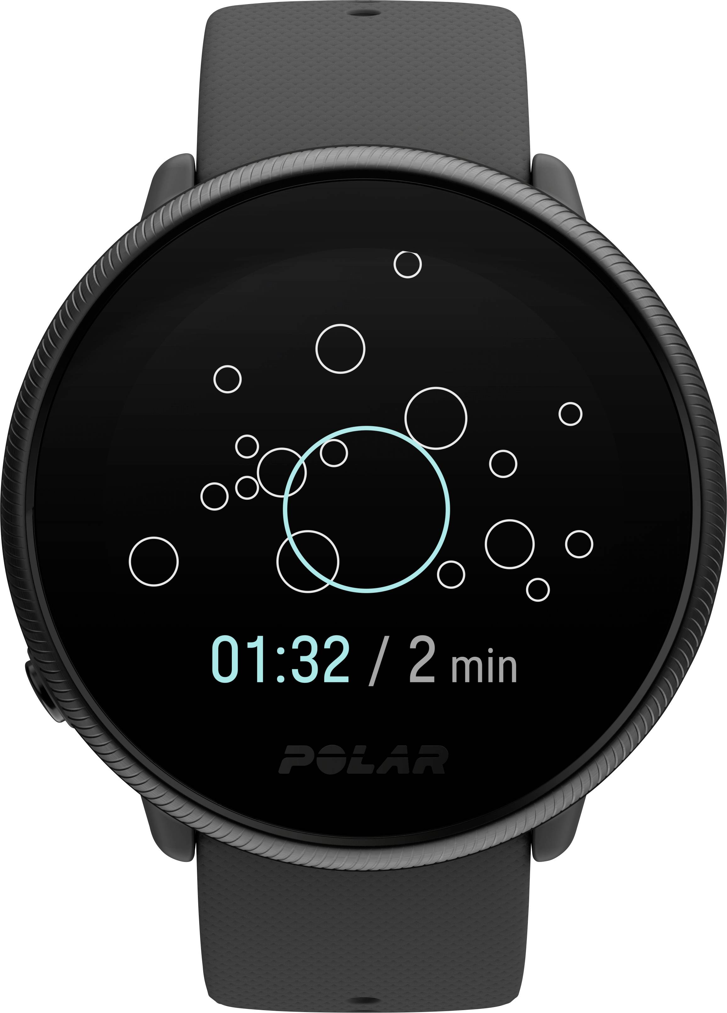 Montre digitale au poignet avec un cadran noir affichant 1 minute et 32 secondes. Motif circulaire sur l'écran, marque 'POLAR'.