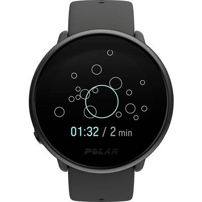 Montre digitale au poignet avec un cadran noir affichant 1 minute et 32 secondes. Motif circulaire sur l'écran, marque 'POLAR'.