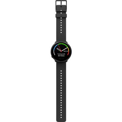Montre connectée noire à cadran rond affichant 'Mer 24' et 'Semaine d'entraînement 4h 9min'. Des lignes colorées symbolisent les activités.