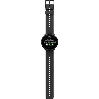 Montre connectée noire avec affichage du lecteur de musique. L'écran affiche le titre d'un podcast 'Sleep...'. Commandes : pause, avance et retour rapide.