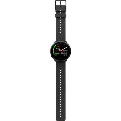 Montre intelligente noire avec cadran rond. Affiche l'heure, la date et le mode sommeil. Marquage en vert et rouge sur l'écran.