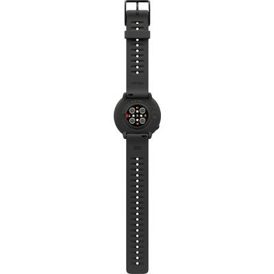 Montre connectée noire avec boîtier rond et bracelet en silicone, vue arrière montrant les capteurs au centre.