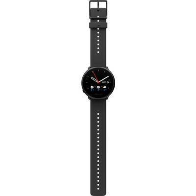 Une montre connectée noire à écran rond affiche l'heure, le jour de la semaine et les prévisions météorologiques avec de petits symboles météo.