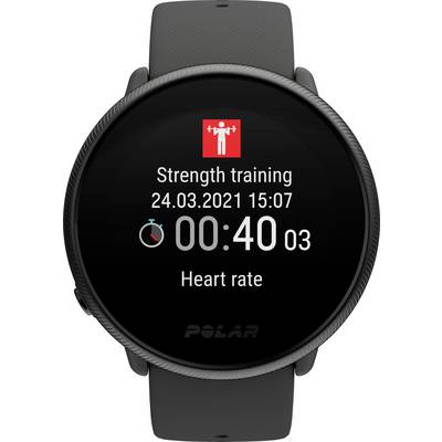 La montre connectée affiche 'Entraînement en force', date '24.03.2021', heure '15:07', durée '00:40:03', et la fonction 'Fréquence cardiaque'.