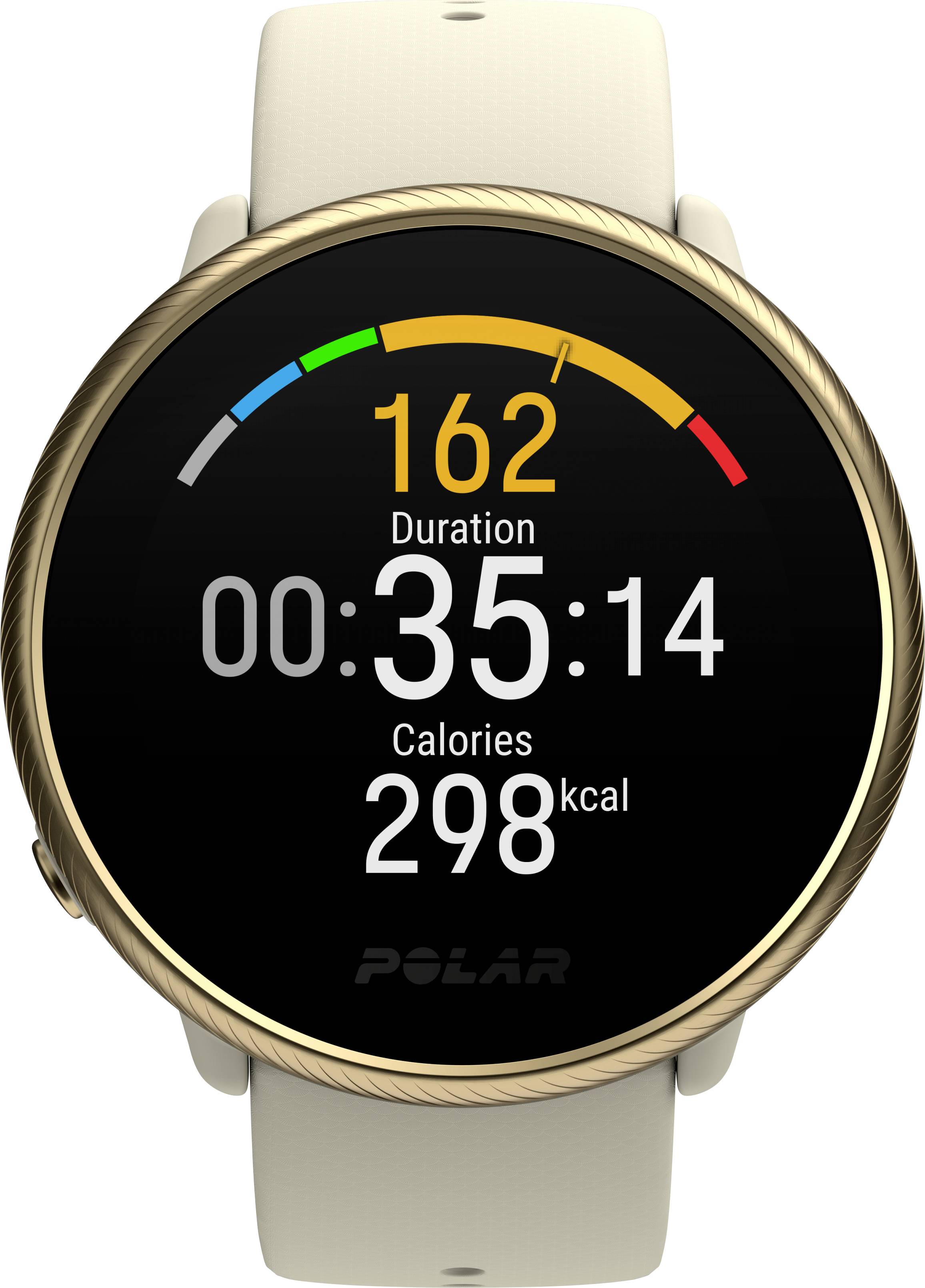 Une montre connectée affiche : Puls 162, Durée 35 minutes 14 secondes, Consommation calorique 298 kcal. Nom de la marque en bas de l'écran.