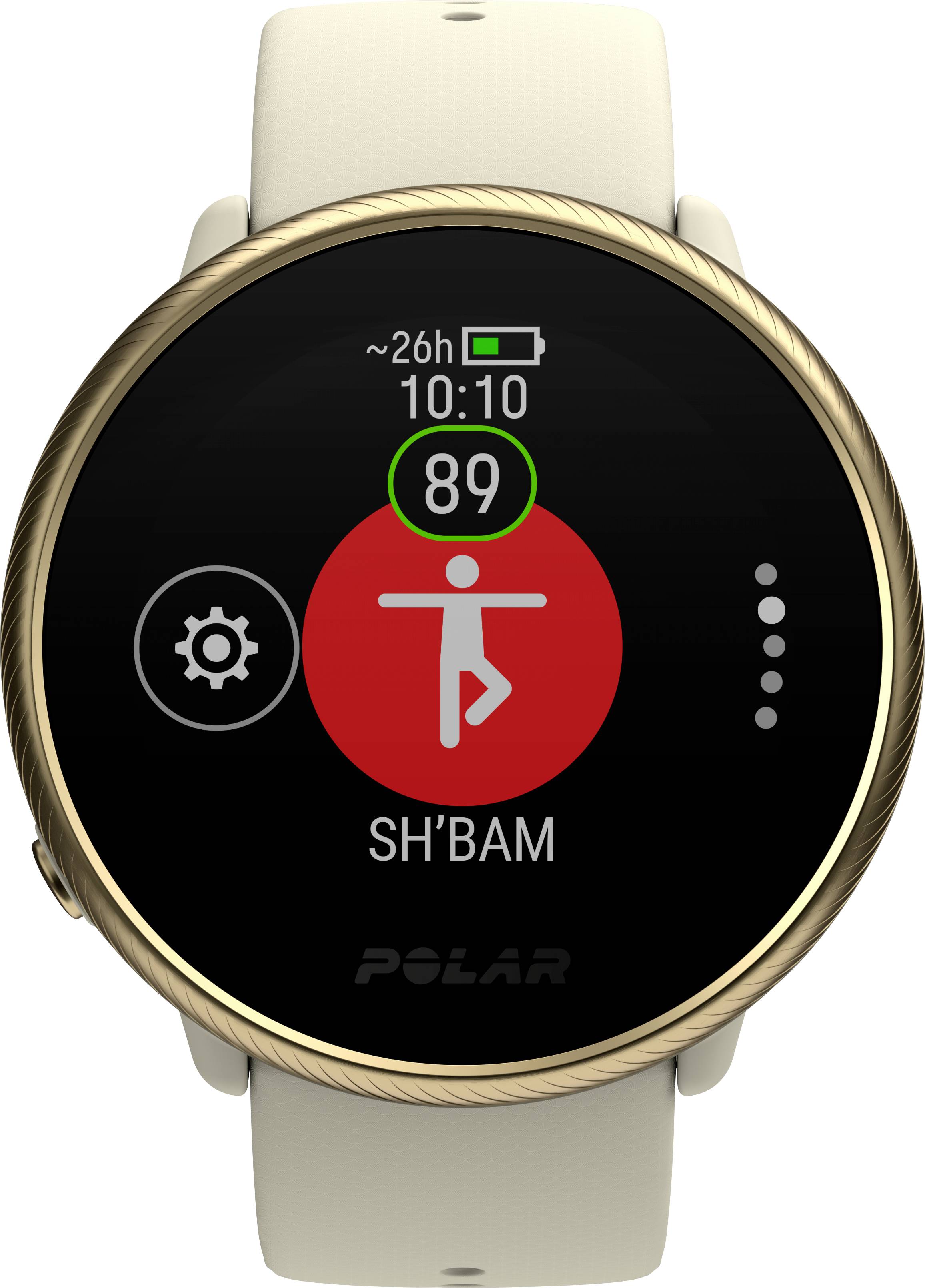 Une montre connectée affiche une application de fitness avec un symbole rouge représentant une personne. En haut est indiqué le rythme cardiaque actuel de 89 battements par minute.