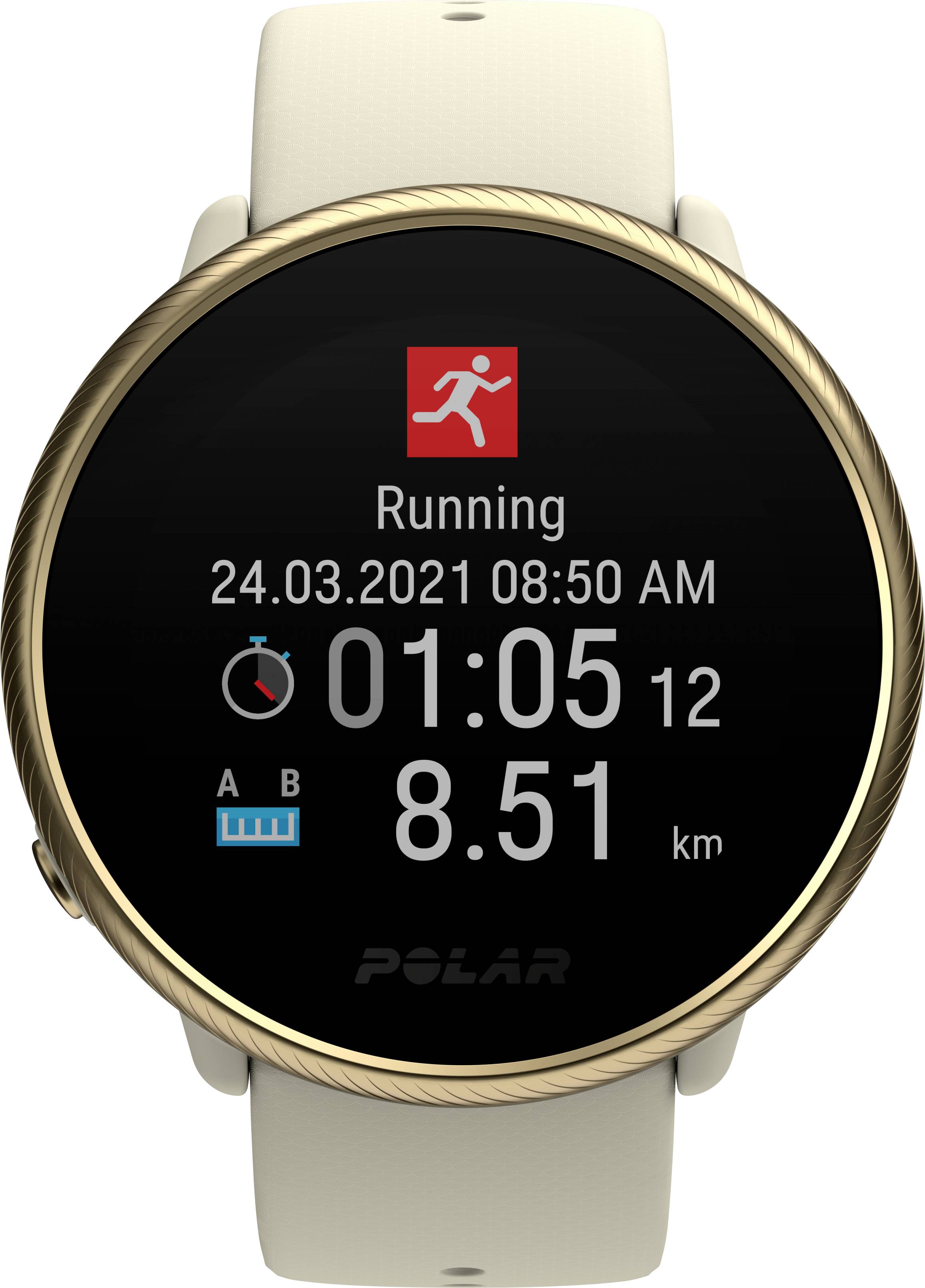 Montre de sport numérique affichant 'Running', date '24.03.2021', temps '01:05:12', distance '8.51 km'. Comprend un indicateur de batterie et une horloge analogique.