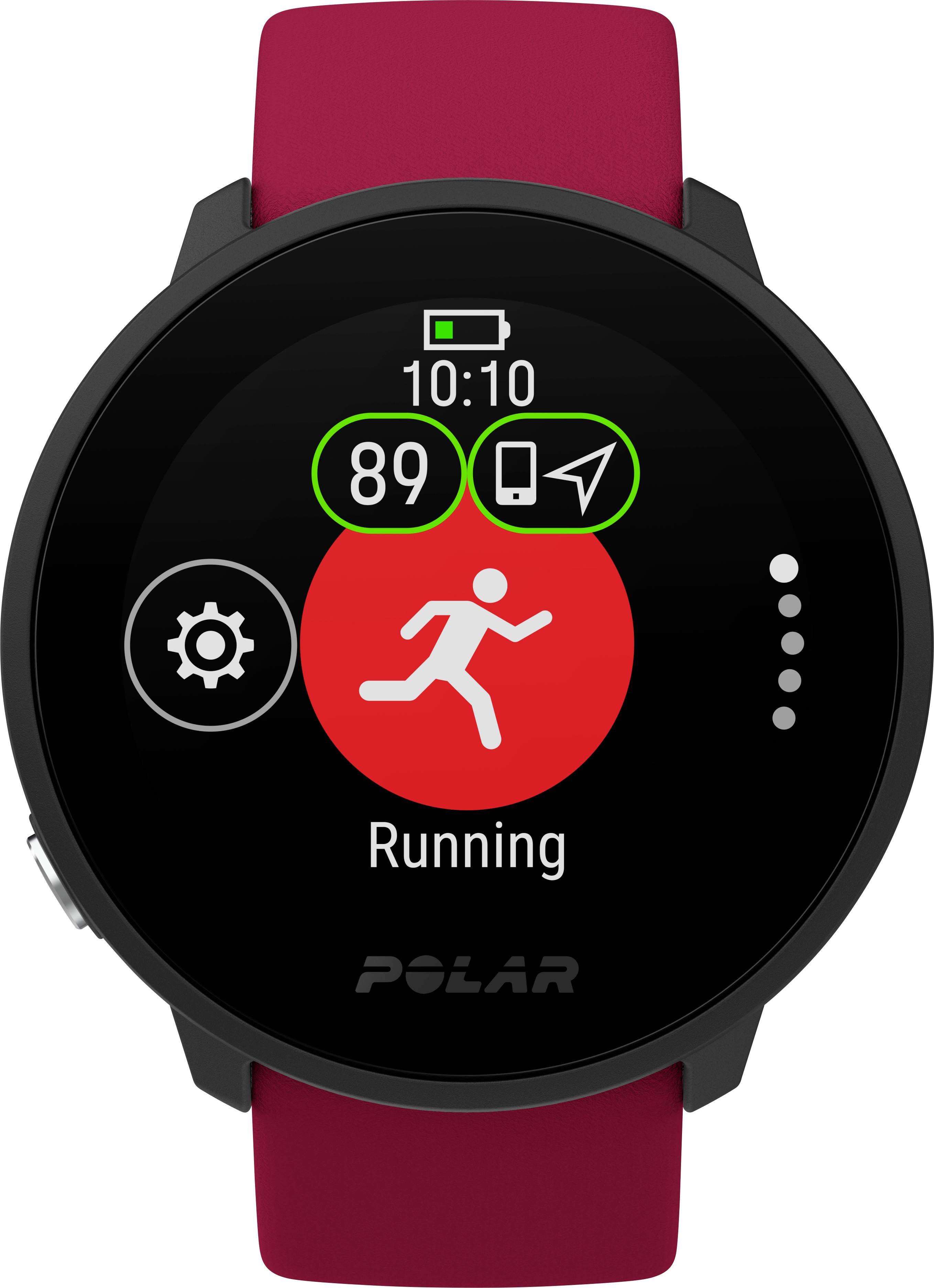 Une montre connectée noire avec un bracelet rouge affiche un symbole de 'Running' sur l'écran, l'heure 10:10 et le niveau de batterie.