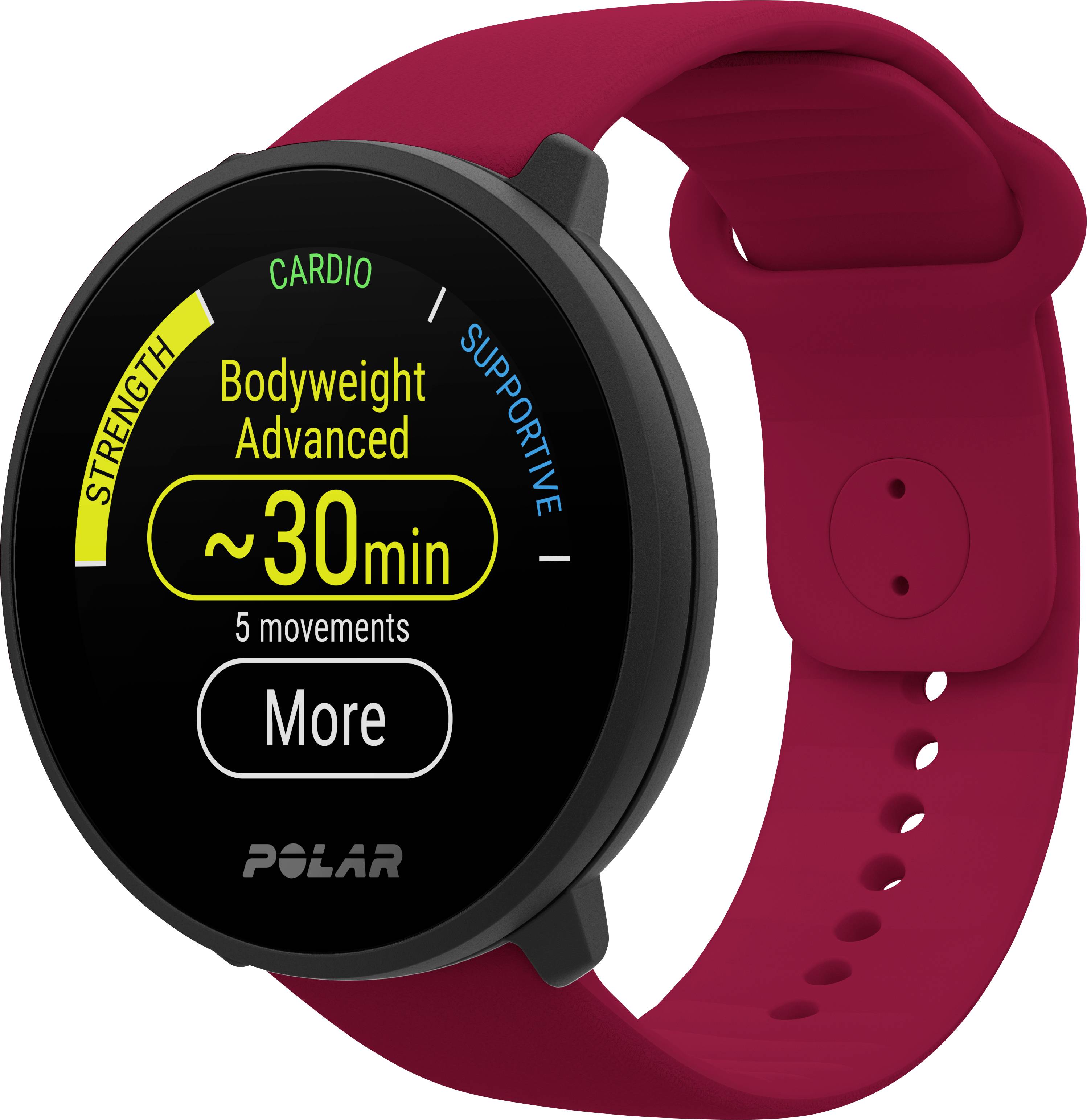 Montre connectée rouge avec boîtier noir. Sur l'écran, on peut lire « Bodyweight Advanced ~30 min, 5 mouvements, Plus », avec d'autres détails d'entraînement.