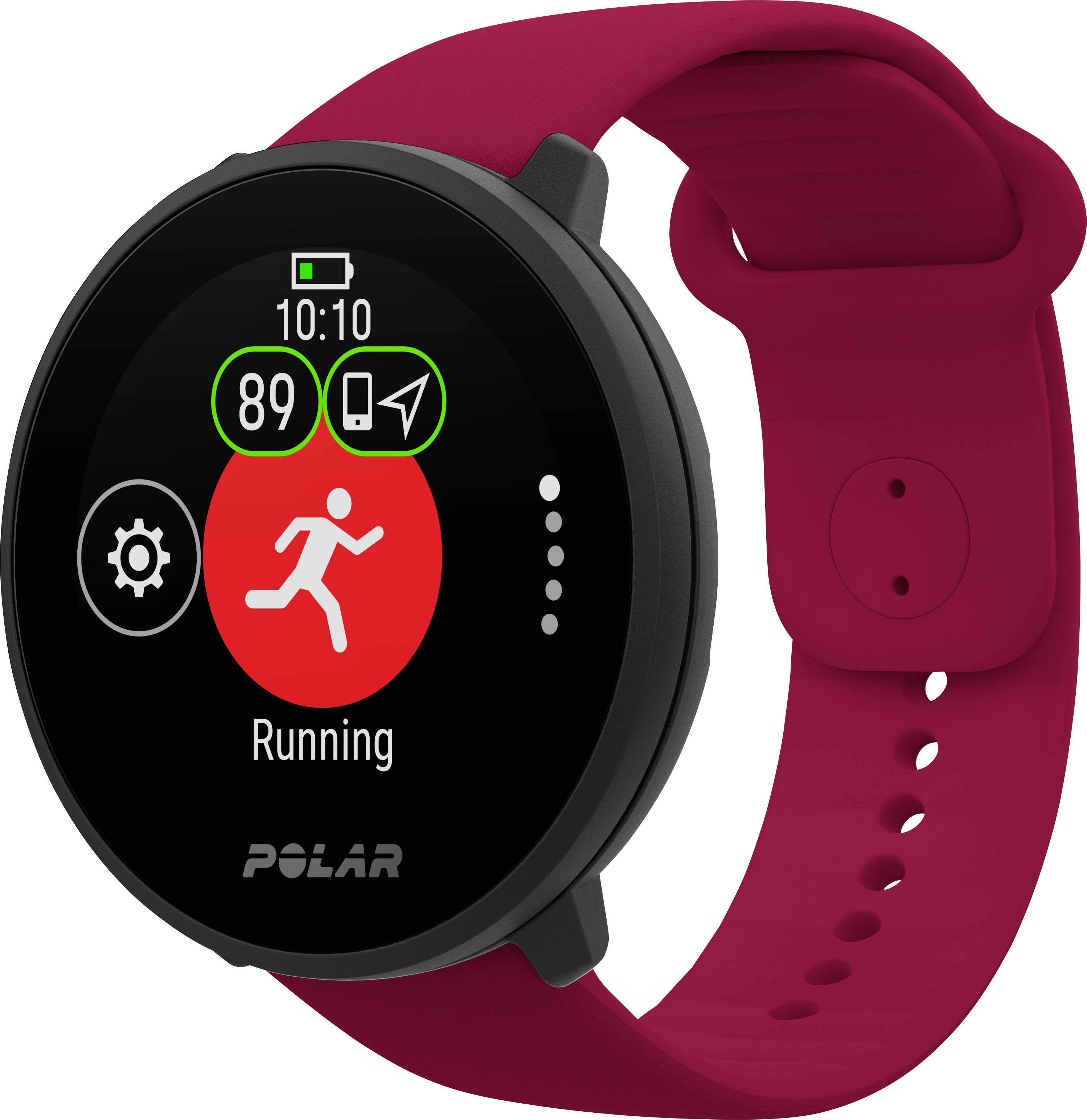 Une montre connectée avec un bracelet rouge affiche une application de suivi de course sur l'écran, accompagnée de l'heure et du niveau de batterie.