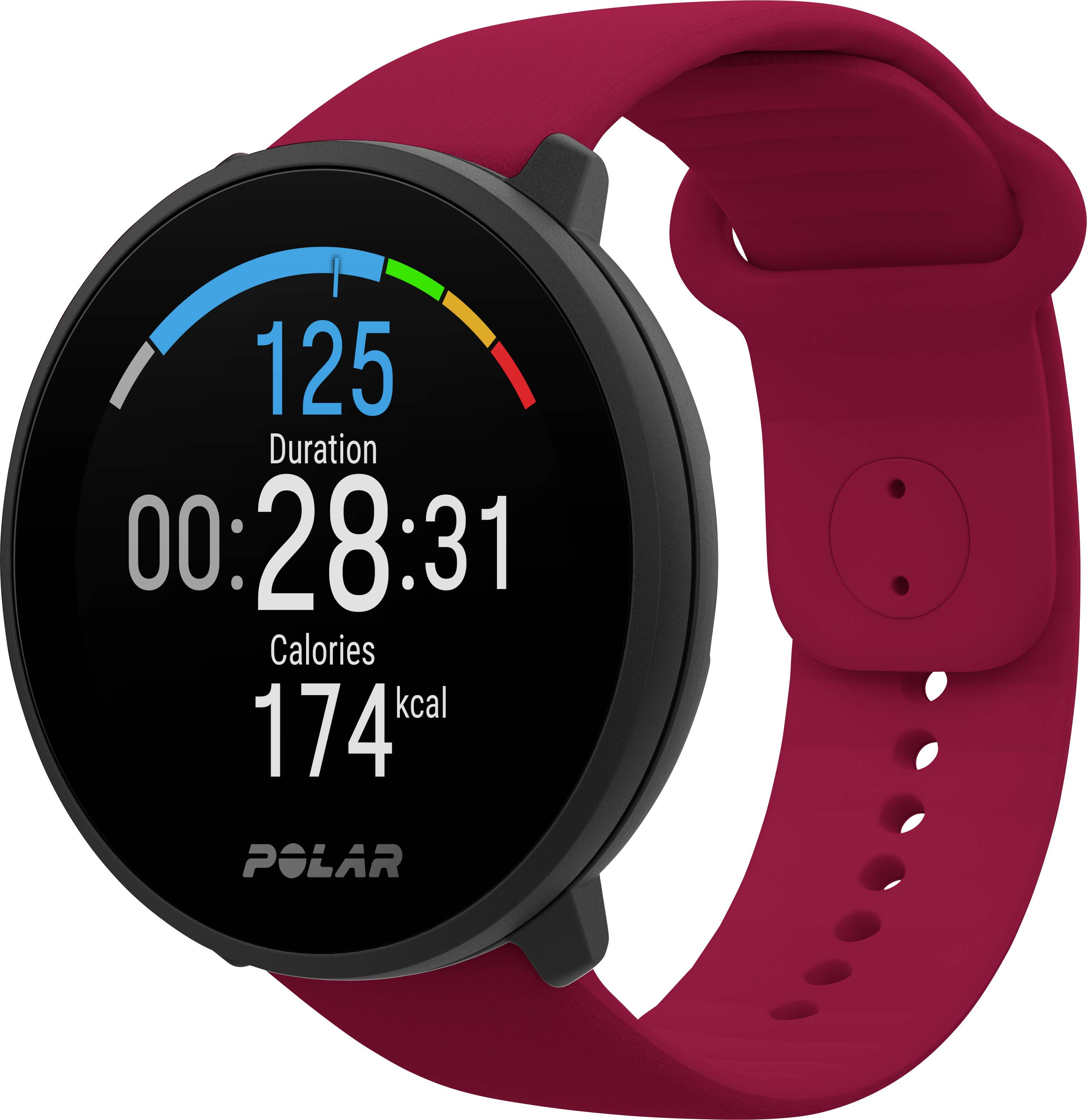 Une montre de fitness rouge Polar affiche 'Durée : 00:28:31', 'Calories : 174 kcal' et un pouls de '125'.
