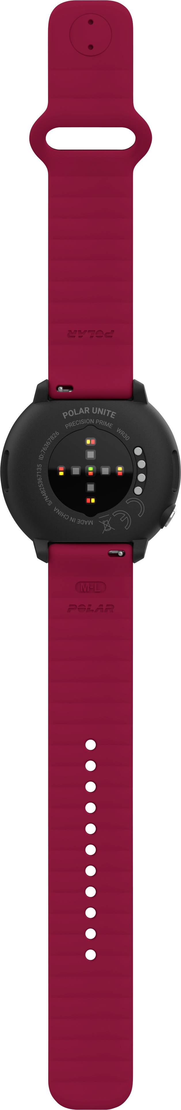 Montre-bracelet rouge avec cadran noir et capteurs au dos, adaptée au suivi de l'activité physique.