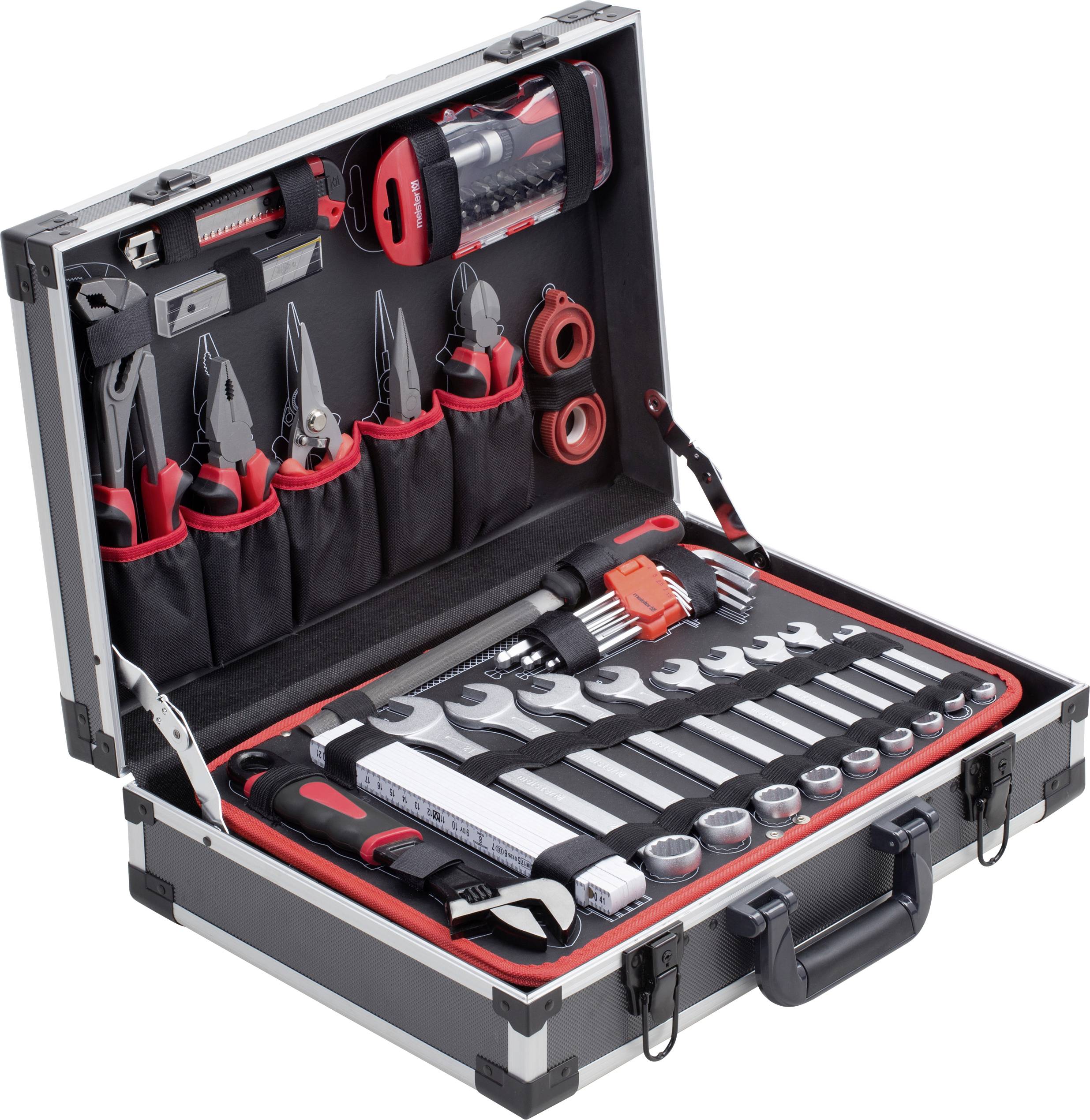 Boîte à outils ouverte contenant divers outils, notamment des clés, des pinces et des tournevis, organisés dans des compartiments.