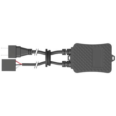 Un adaptateur électronique noir avec plusieurs connexions de câbles et deux fiches à ses extrémités.