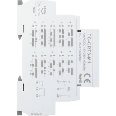 Un relais de commutation avec la désignation de type TC-GRT8-M1 présente des schémas électriques et des spécifications techniques pour le raccordement.