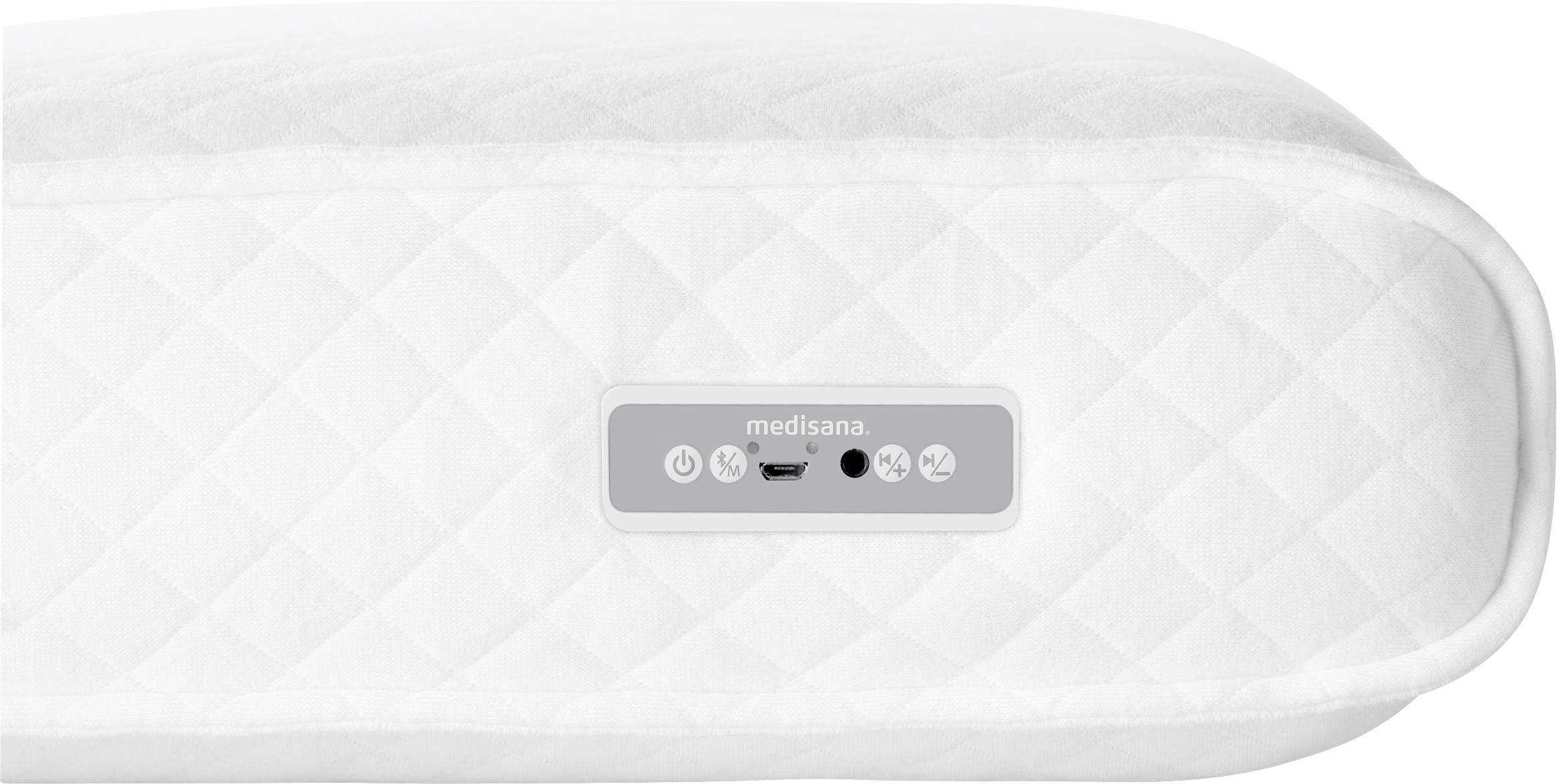 Un gros plan sur le bord d'un matelas avec un motif quadrillé et un petit panneau de commande électronique au centre.