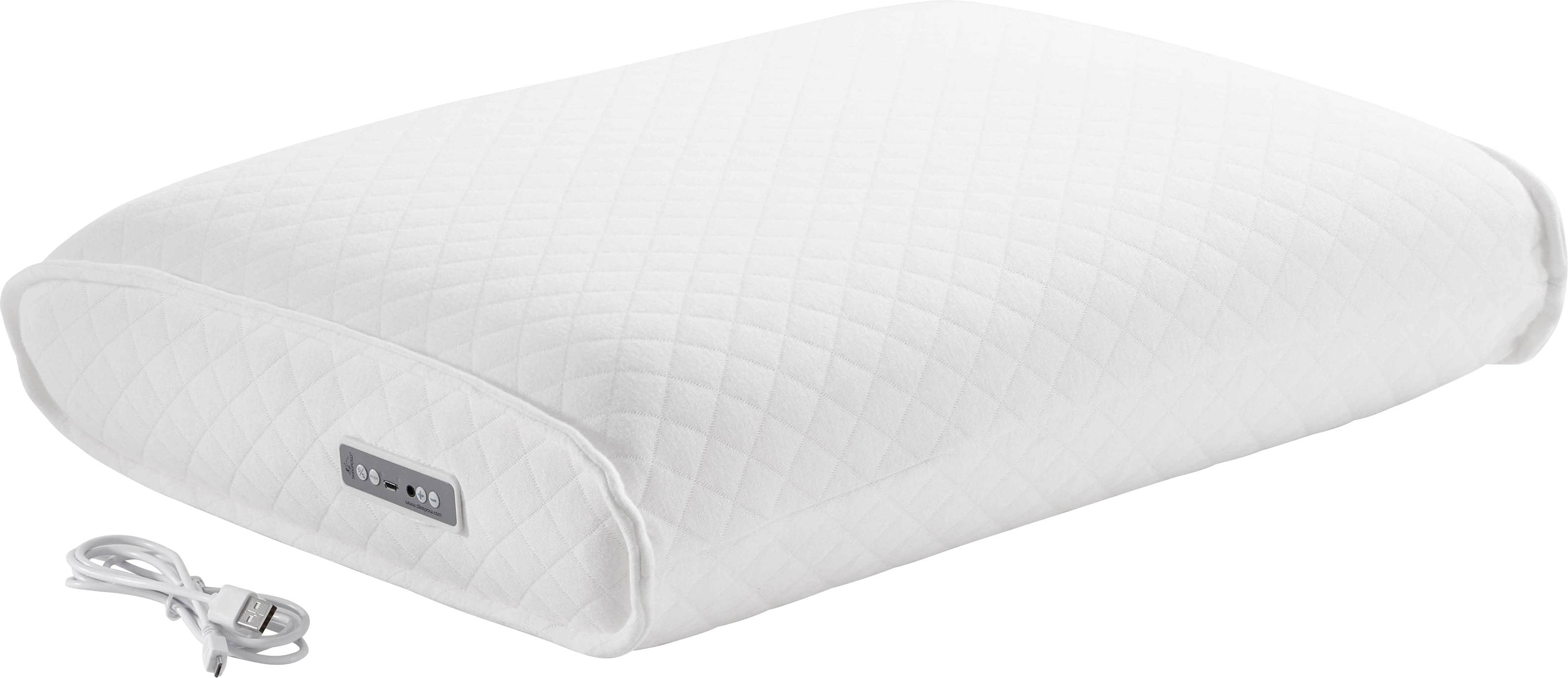 Un coussin rectangulaire blanc avec une surface texturée et un câble USB. L'étiquette affiche des symboles de volume et de lecture.