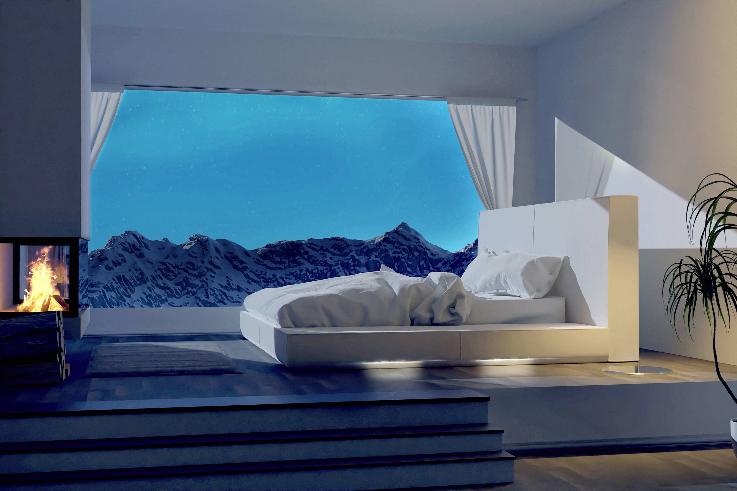 L'image montre une chambre moderne avec une fenêtre panoramique donnant sur des montagnes enneigées. Une cheminée brûle au premier plan.
