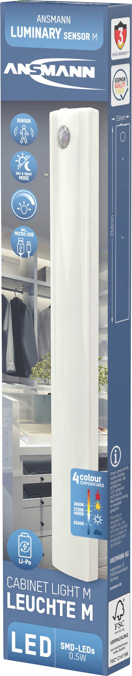 Bandeau lumineux LED ANSMANN Luminary Sensor M avec détecteur de mouvement, économe en énergie, pour placards. L'emballage présente les détails du produit.