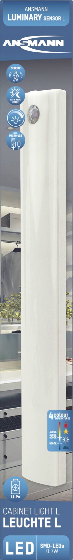 Lampe d'armoire LED d'Ansmann avec détecteur de mouvement, modèle 'Cabinet Light L'. Affiche des symboles de fonctions et une efficacité énergétique A+.