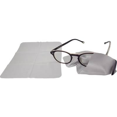 'Des lunettes à monture sombre sont nettoyées avec un chiffon à lunettes. Un second chiffon est posé à côté.'