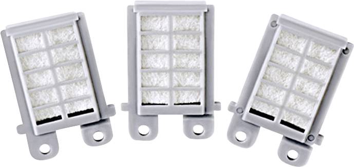 Trois filtres à air rectangulaires avec des cadres en plastique, placés côte à côte. Ils présentent un motif quadrillé et des surfaces filtrantes blanches.